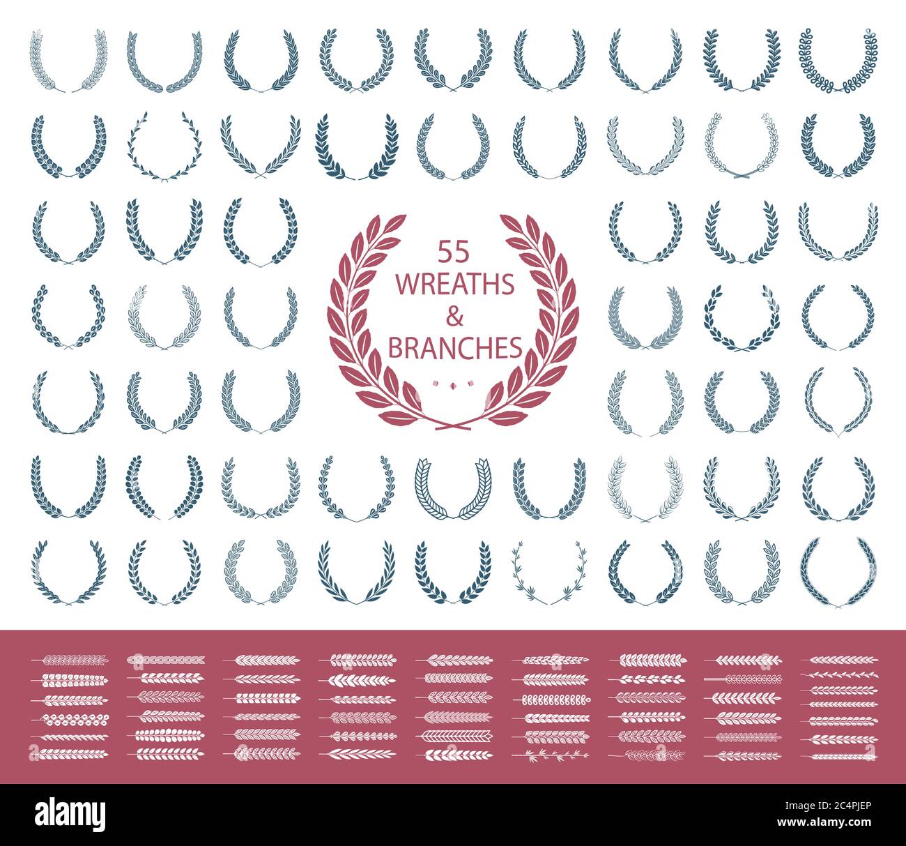55 corone e rami. Illustrazione vettoriale. Collezione di corone Laurel. Illustrazione Vettoriale