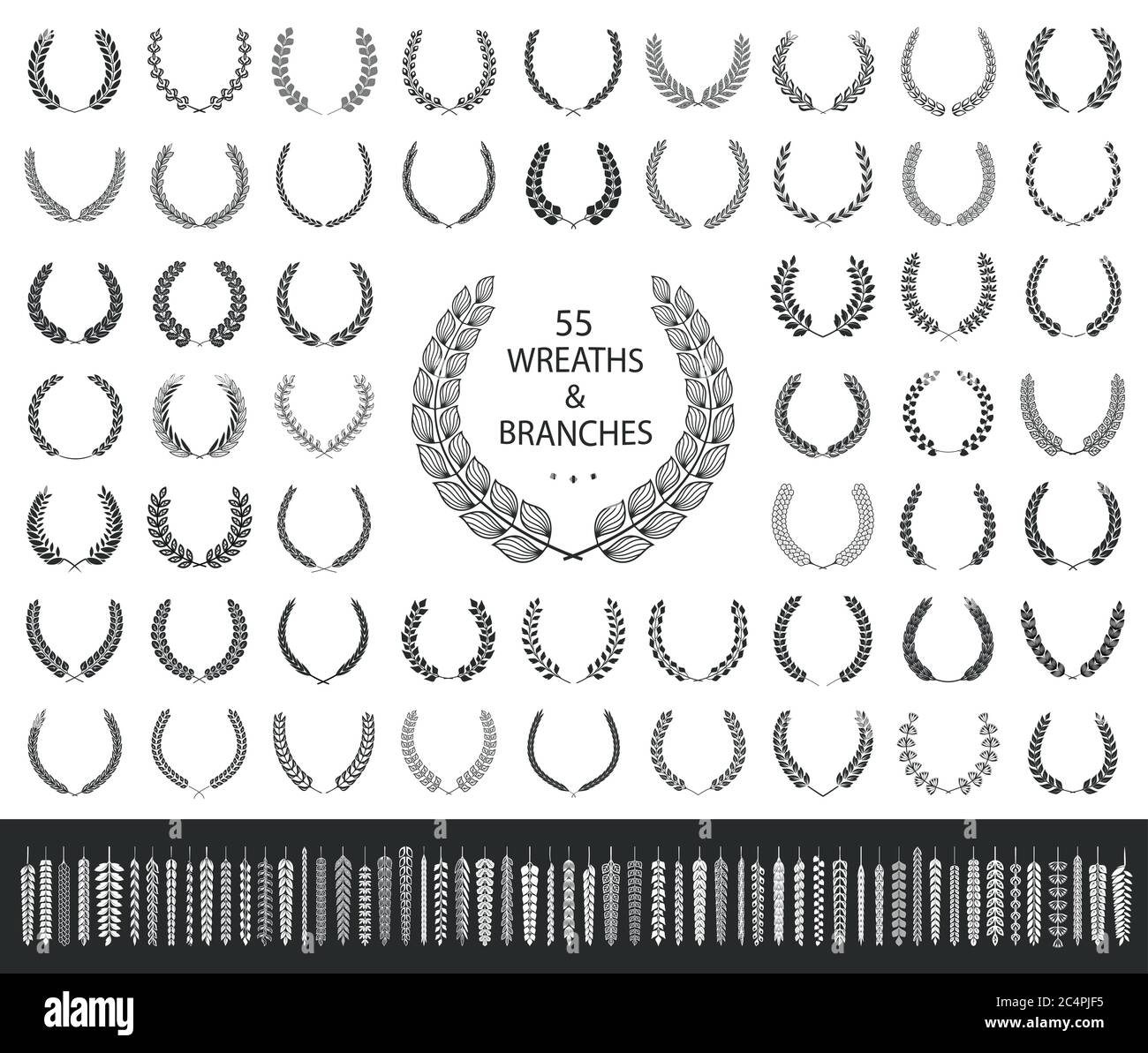 55 corone e rami. Illustrazione vettoriale. Collezione di corone Illustrazione Vettoriale