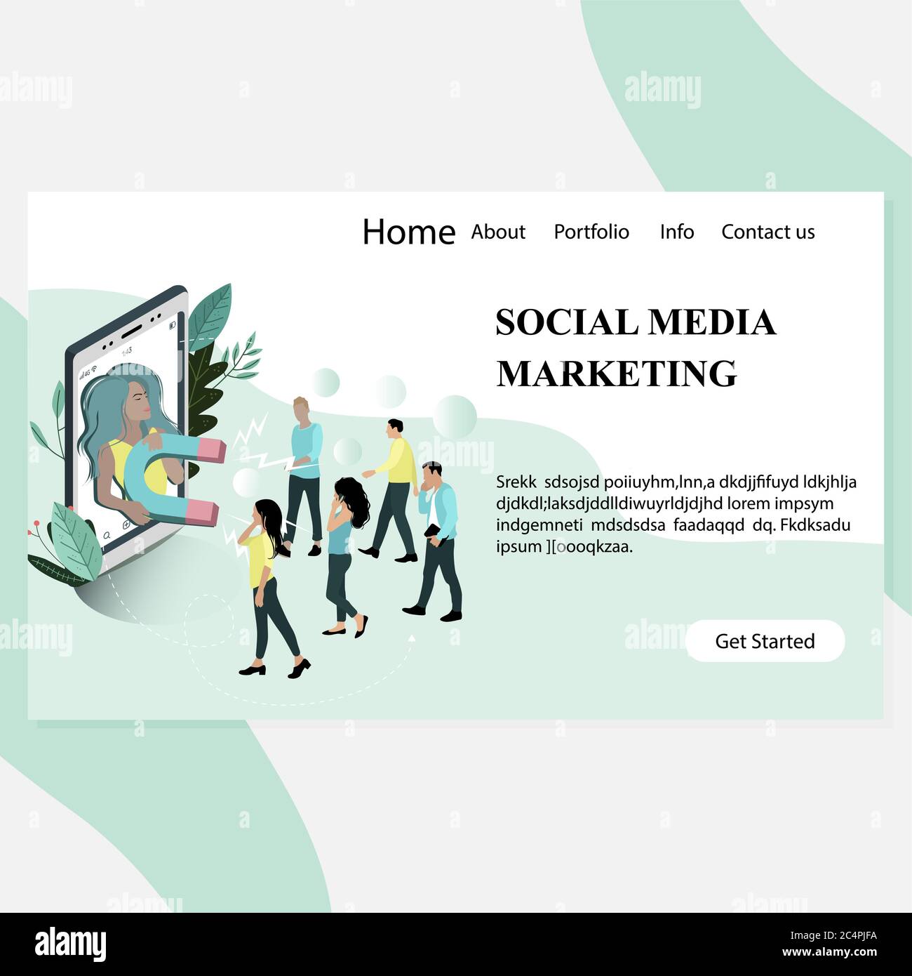 Pagina di destinazione del marketing sui social media. I giovani blogger con magnete attirano i clienti e la comunità. Agenzia pubblicitaria per i social media Illustrazione Vettoriale