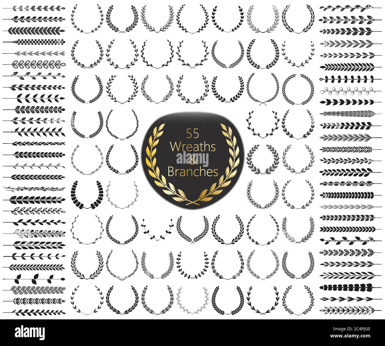 Set di 55 corone e rami. Illustrazione vettoriale. Collezione di corone Laurel. Illustrazione Vettoriale