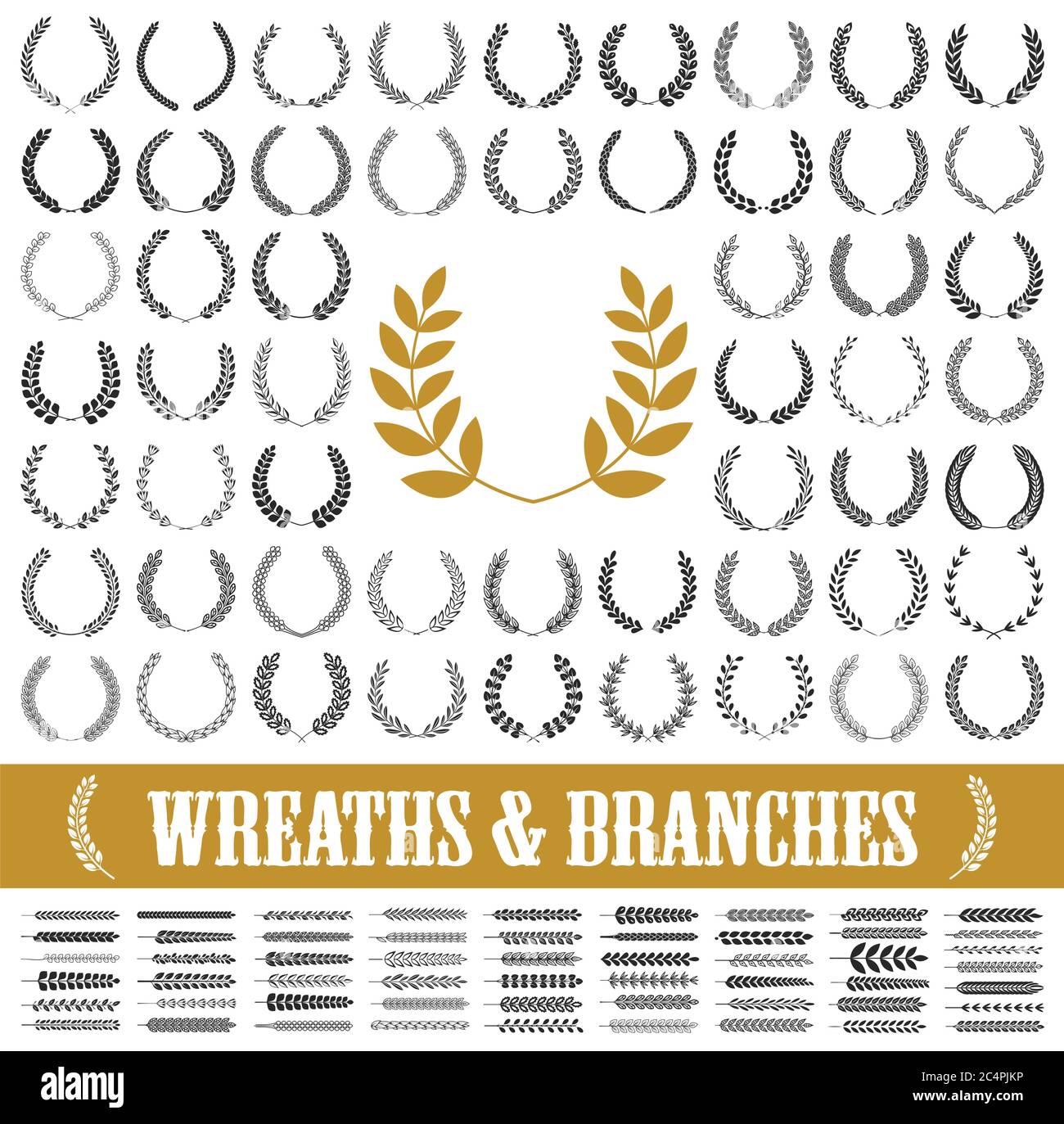 55 corone e rami. Illustrazione vettoriale. Collezione di corone Laurel. Illustrazione Vettoriale