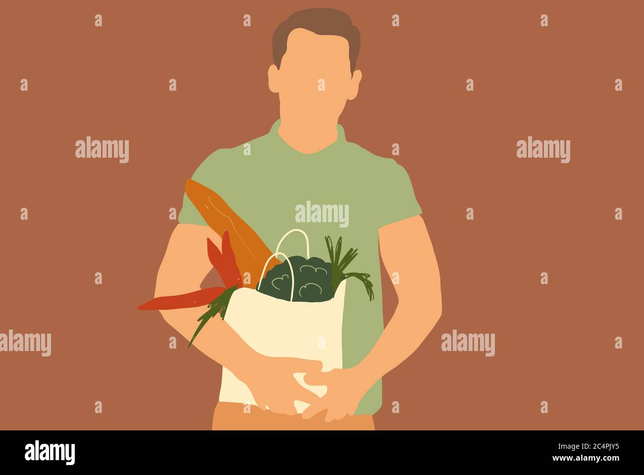 Ritratto di un uomo con borsa piena di alimentari freschi sullo sfondo a colori. Illustrazione vettoriale in stile cartoon piatto senza faccia Illustrazione Vettoriale