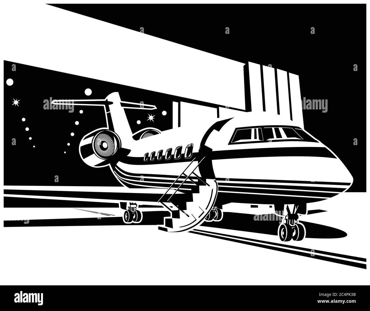 Illustrazione vettoriale stilizzata sul tema dell'aviazione civile. Aereo vicino all'hangar Illustrazione Vettoriale