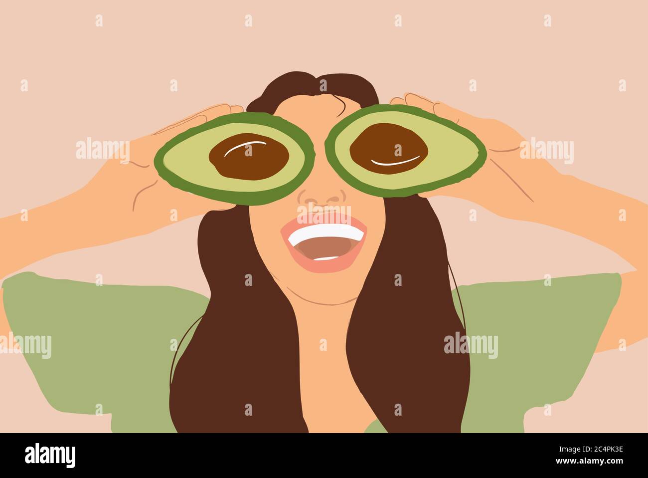 Illustrazione di una giovane donna sorridente che nasconde gli occhi con avocado affettato su sfondo giallo. Concetto di vegetarianismo, alimentazione sana, cura della pelle e benessere Illustrazione Vettoriale