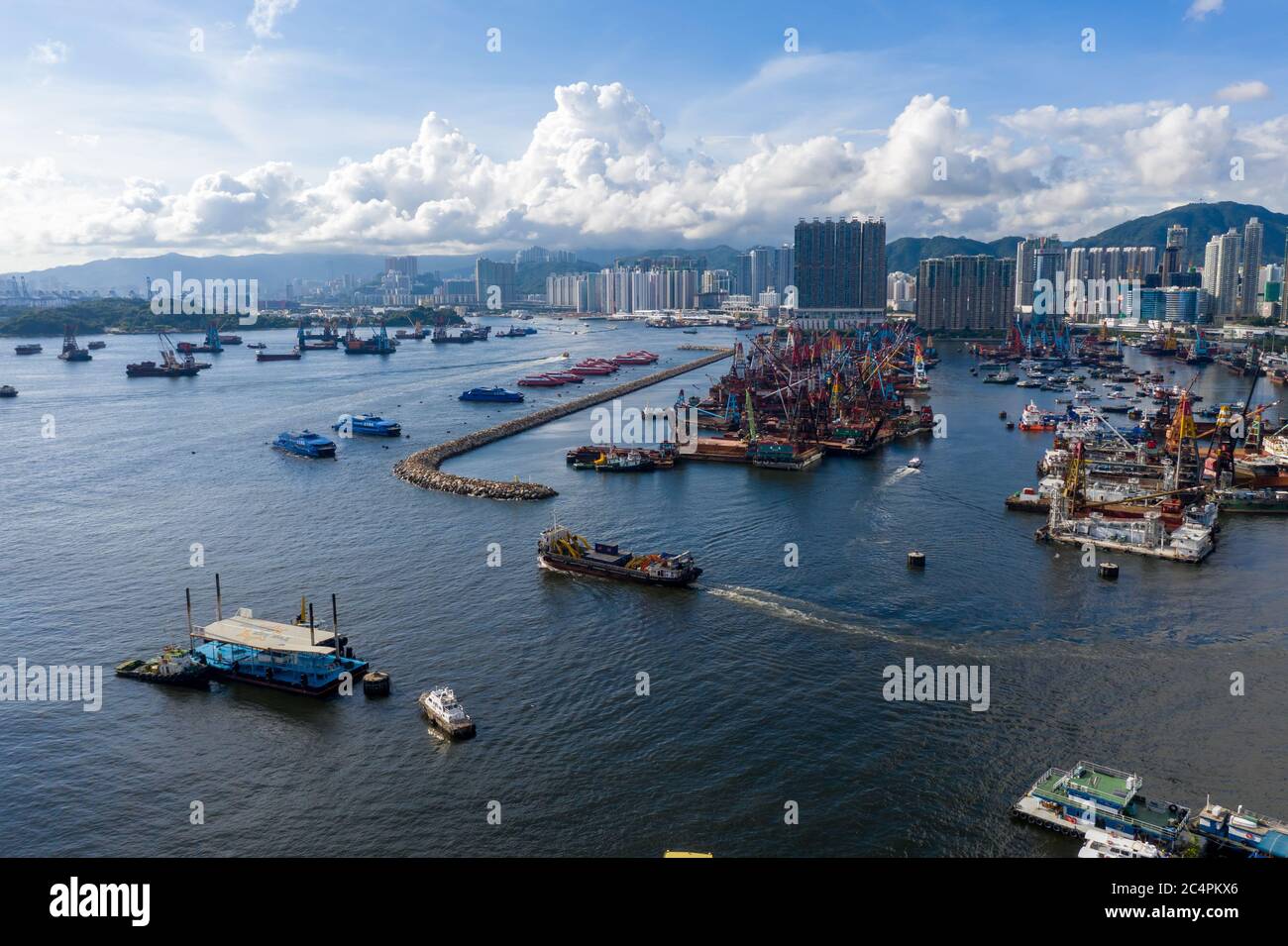 Vista panoramica aerea di Kowloon Occidentale, Hong Kong Foto Stock