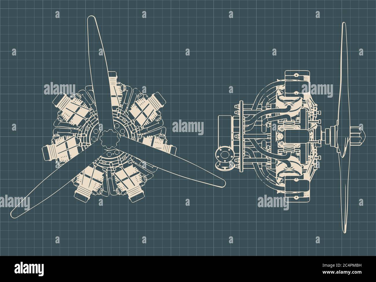 Illustrazione vettoriale stilizzata dei disegni del motore radiale a 7 cilindri Illustrazione Vettoriale