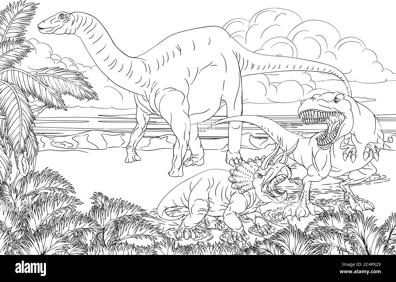 Pagina del libro di colorazioni di Cartoon di scena di dinosauro Illustrazione Vettoriale