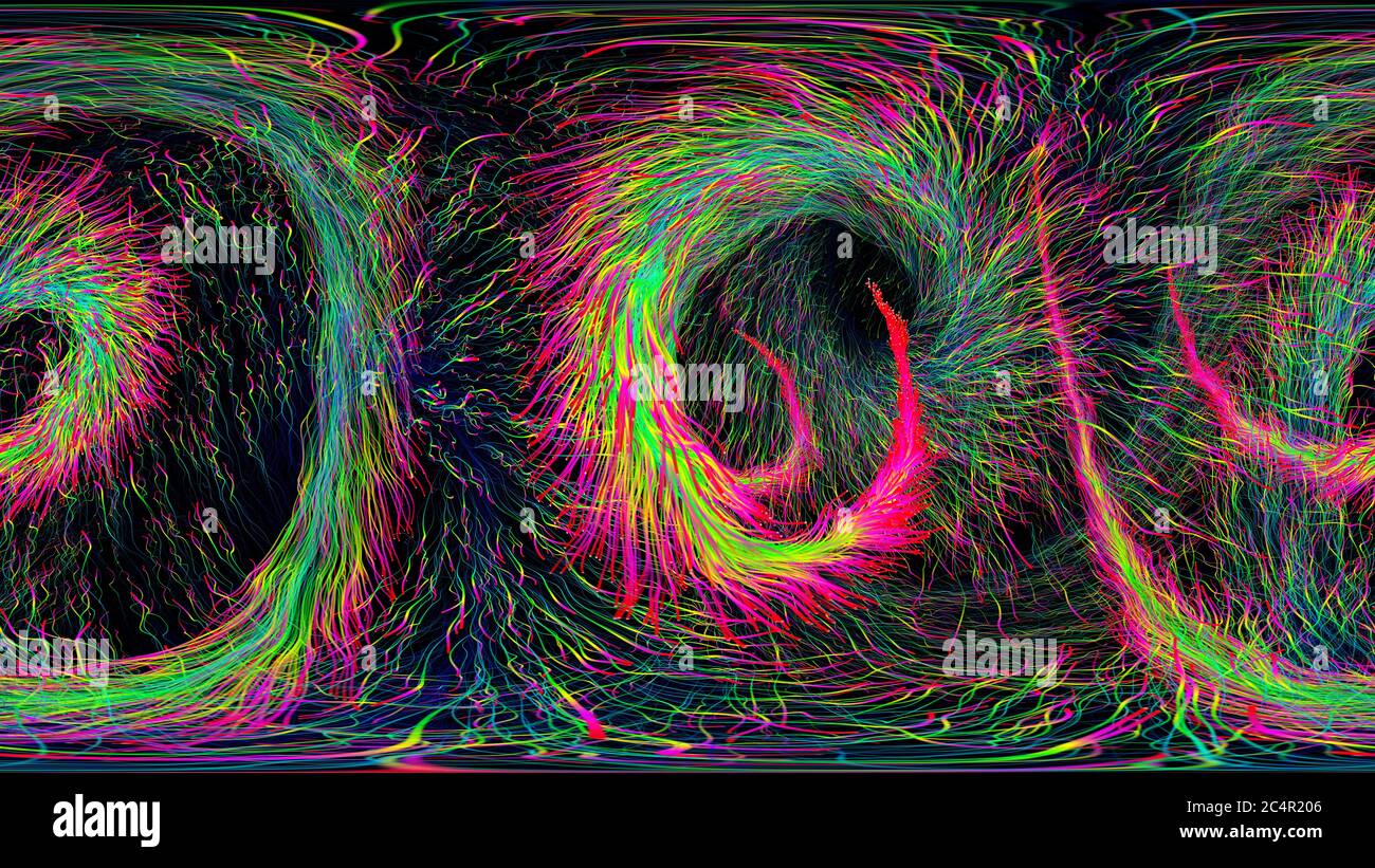 Mappa ambientale equirettangolare di particelle luminose colorate. 360 rendering 3D panorama in realtà virtuale.proiezione sferica completa. Foto Stock