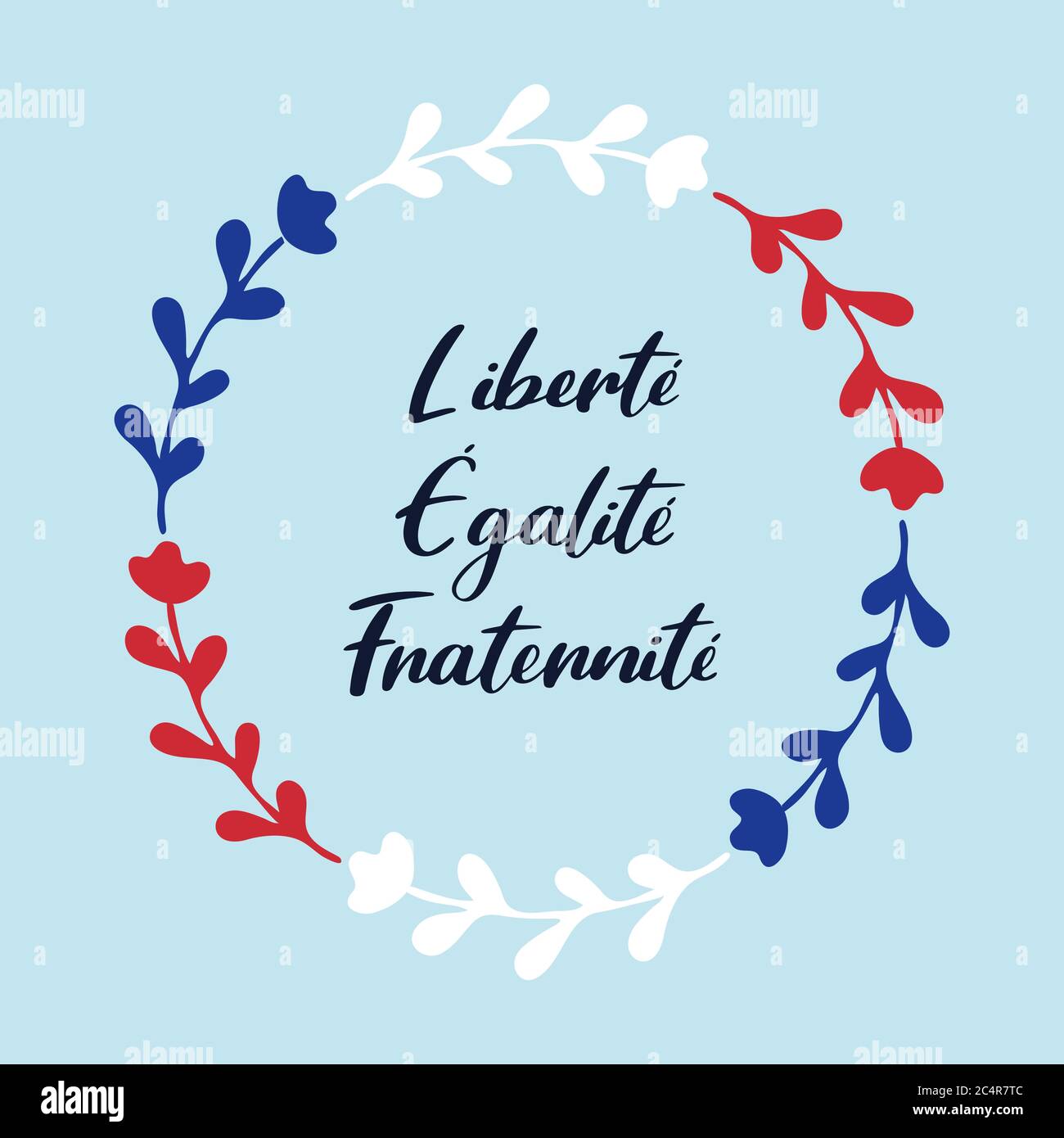 14 luglio. Freedom Equality Brotherhood quote in francese. Giornata Nazionale della Francia. Giornata della Bastiglia. Il motto della Rivoluzione francese. Lettere abbozzate a mano Illustrazione Vettoriale