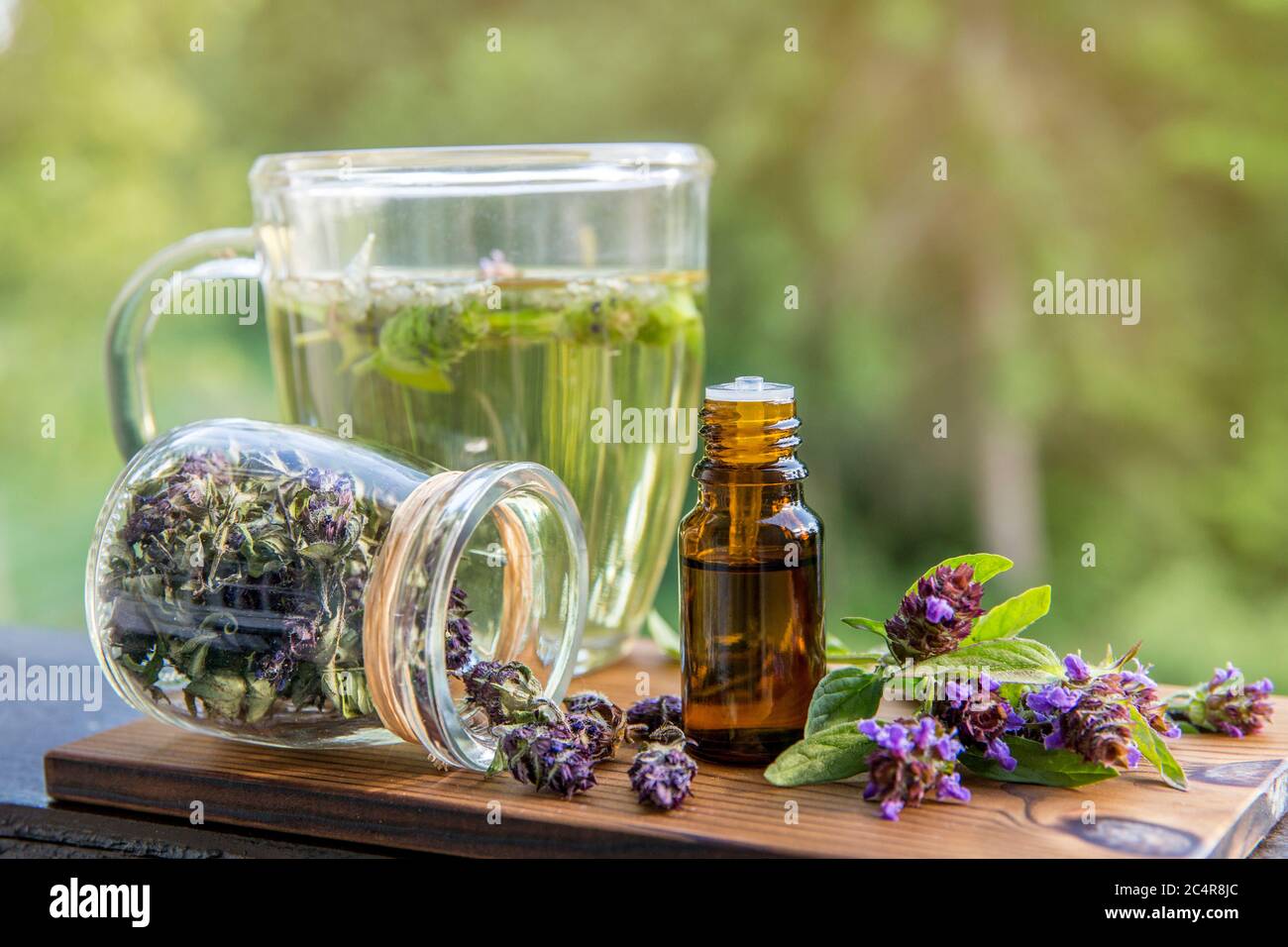 Prunella vulgaris (conosciuto come comune auto-guarire, guarire-tutto, woundwort, cuore-della-terra, erbe del falegname, brownwort e ricci blu tè di erbe con secco Foto Stock