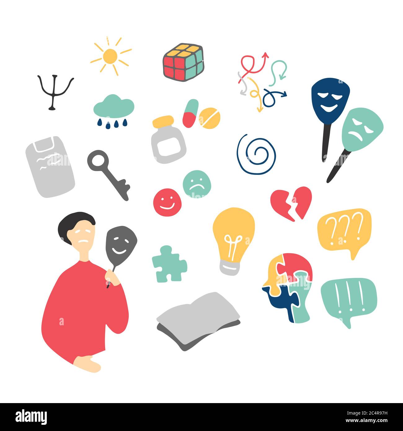 Insieme di icone di psicologia. Grafica a doodle disegnata a mano Illustrazione Vettoriale