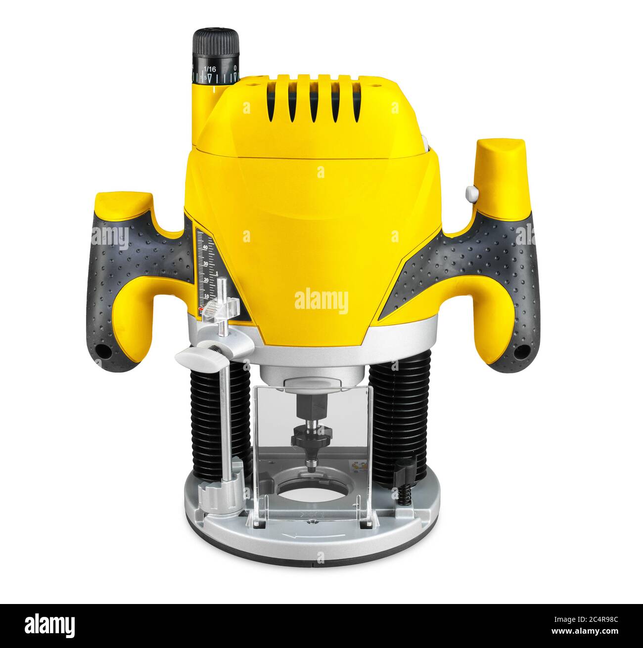 macchina fresatrice elettrica gialla con punta di taglio isolata su fondo bianco. costruzione carpenteria concetto diy. Foto Stock
