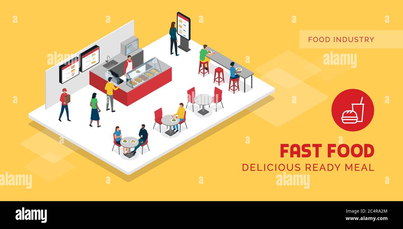 La gente mangia al ristorante fast food, è seduto ai tavoli e ordinare cibo Illustrazione Vettoriale