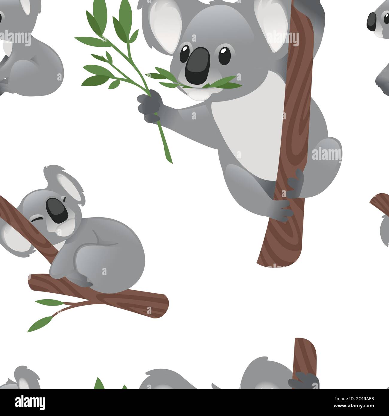 Modello senza cuciture di carino orso grigio koala in diverse pose mangiare foglie dormienti cartoon animale disegno vettoriale piatto illustrazione su sfondo bianco Illustrazione Vettoriale