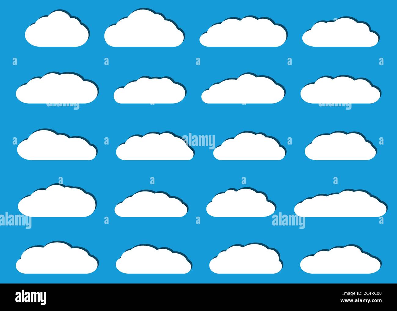 Set di nuvole bianche con ombre in stile piatto su sfondo azzurro. Illustrazione Vettoriale