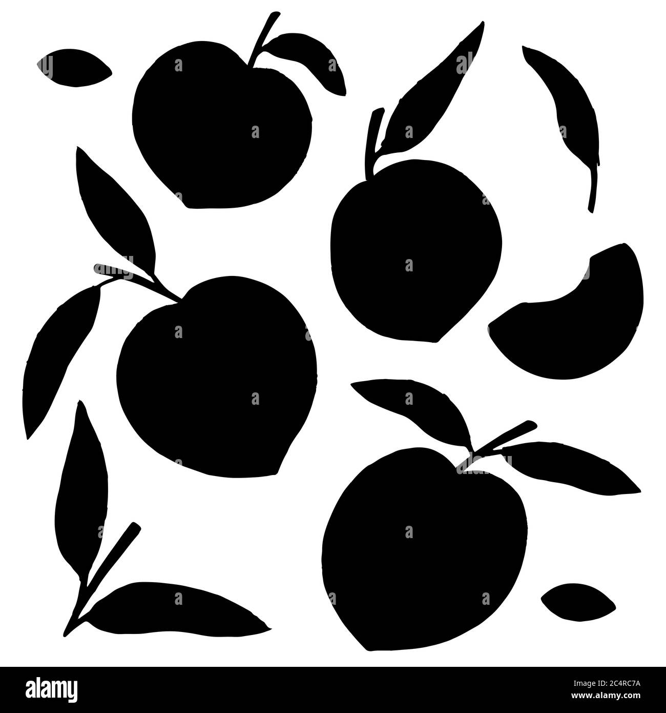 Silhouette nera Set di frutti di pesca interi e tagliati con foglie vettoriali piatte, isolato su sfondo bianco Illustrazione Vettoriale