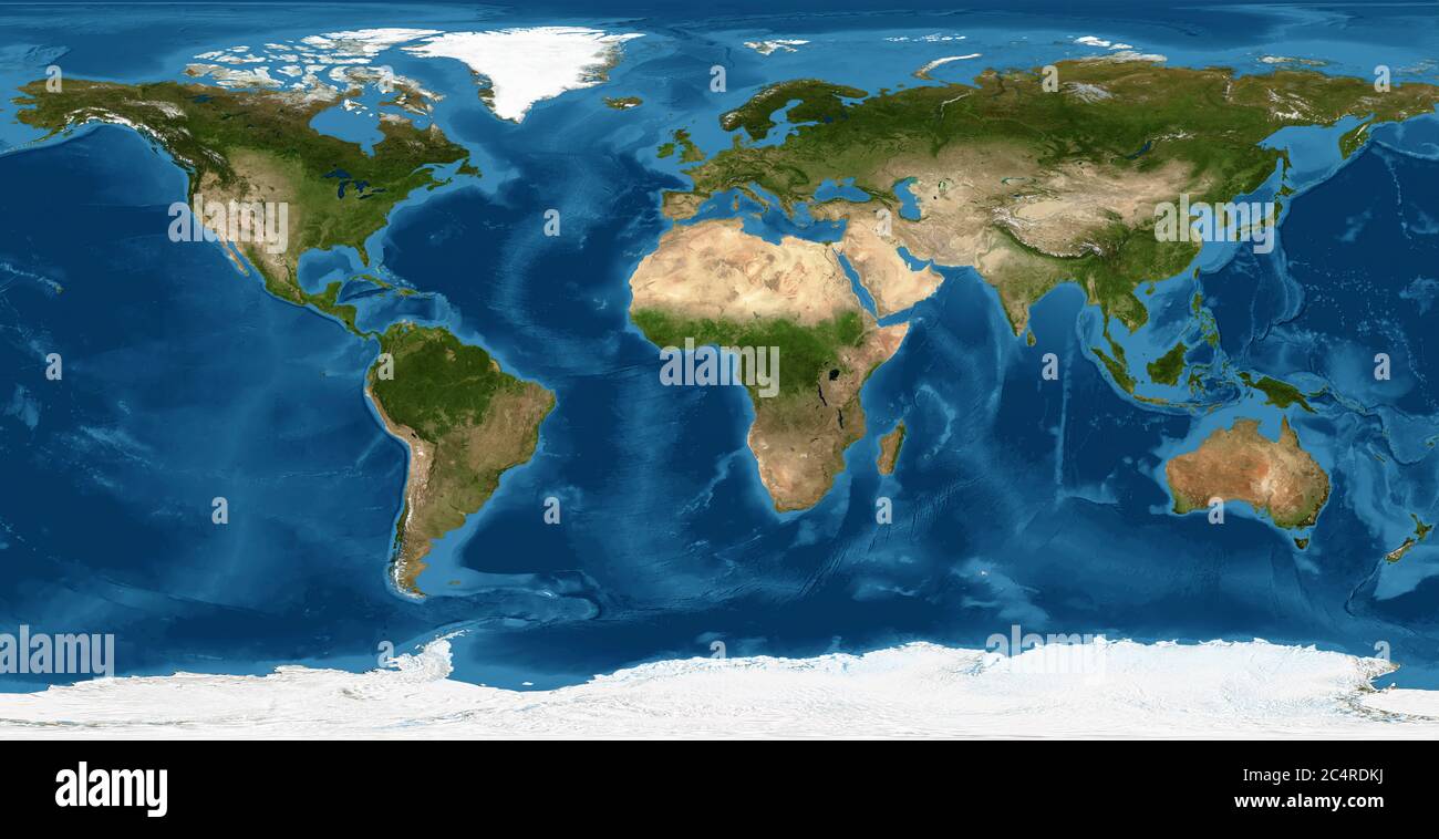 Vista piana dal suolo dallo spazio. Mappa fisica dettagliata del mondo su foto satellitare globale. Elementi di questa immagine forniti dalla NASA. Foto Stock