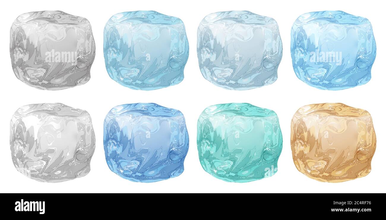 Set di cubi di ghiaccio opachi realistici in vari colori su sfondo bianco Illustrazione Vettoriale