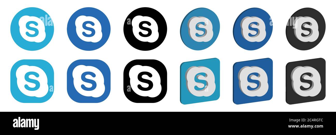 VORONEZH, RUSSIA - 16 GENNAIO 2020: Set di icone rotonde e quadrate, piatte e isometriche con logo Skype nei colori blu e nero Illustrazione Vettoriale