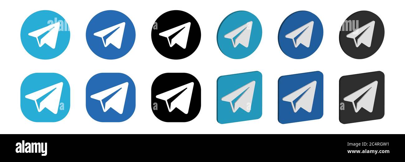 VORONEZH, RUSSIA - 16 GENNAIO 2020: Set di icone tonde e quadrate, piatte e isometriche in blu e nero Illustrazione Vettoriale