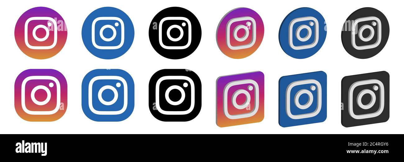 VORONEZH, RUSSIA - 16 GENNAIO 2020: Set di icone rotonde e quadrate, piatte e isometriche con logo Instagram nei colori arancione, blu e nero Illustrazione Vettoriale