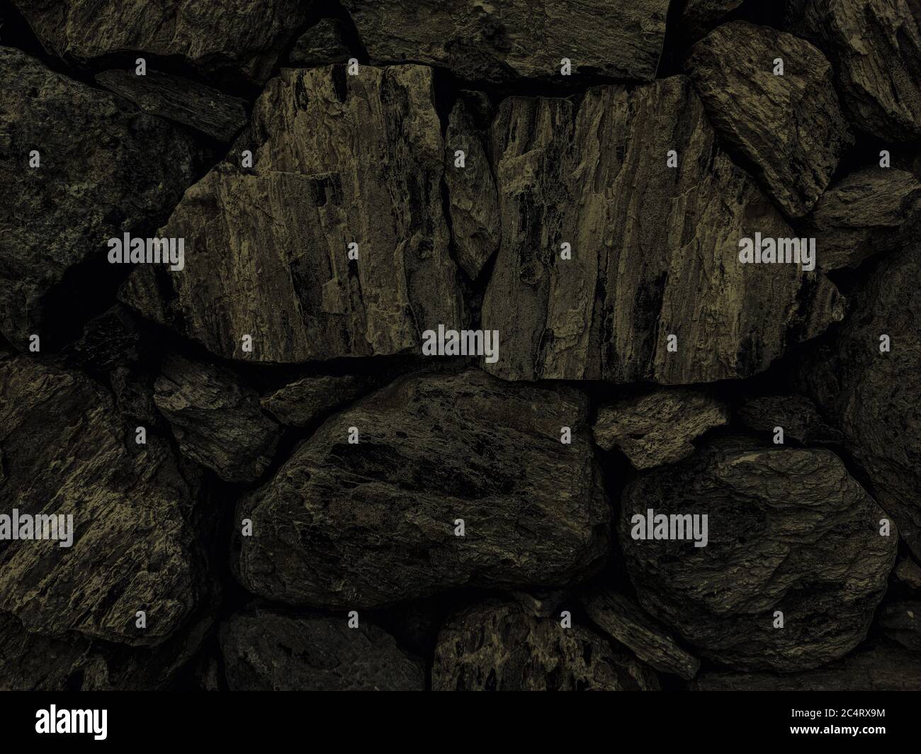 Muro di pietra naturale, spazio di copia - strutture come sfondo, scuro. Foto Stock