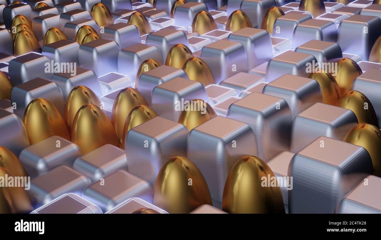 Rendering 3D di piastrelle cubiche ed ovali in argento e oro di lunghezze diverse Foto Stock
