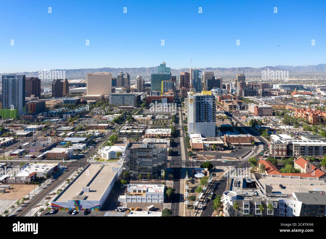 Vista aerea del centro di Phoenix e del quartiere alla moda di RoRo, Arizona Foto Stock