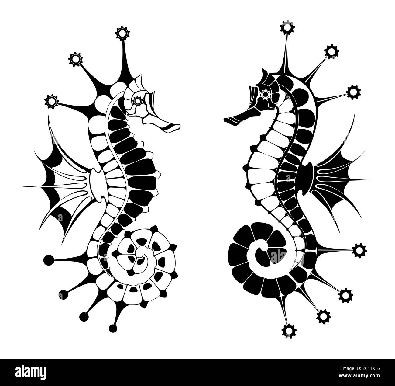 Due cavallucci marini a stampunk di contorno su uno sfondo bianco isolato. Illustrazione Vettoriale