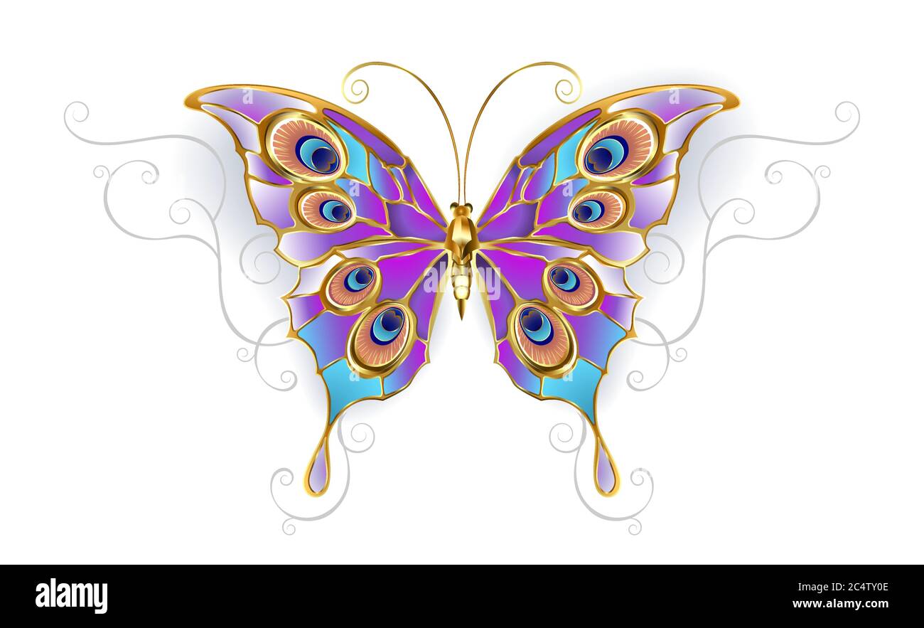 Oro gioielli farfalla pavone su isolato sfondo bianco. Illustrazione Vettoriale
