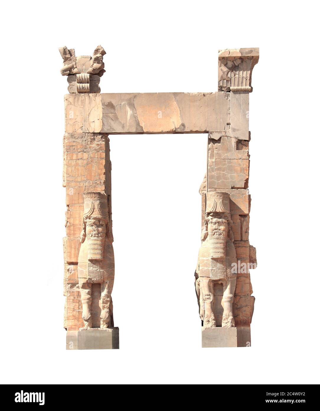 Vista frontale della porta di tutte le nazioni (porta Xerxes) con statue di pietra di lamassu nell'antica città di Persepolis, Iran. Sito patrimonio dell'umanità dell'UNESCO. Isolato o Foto Stock
