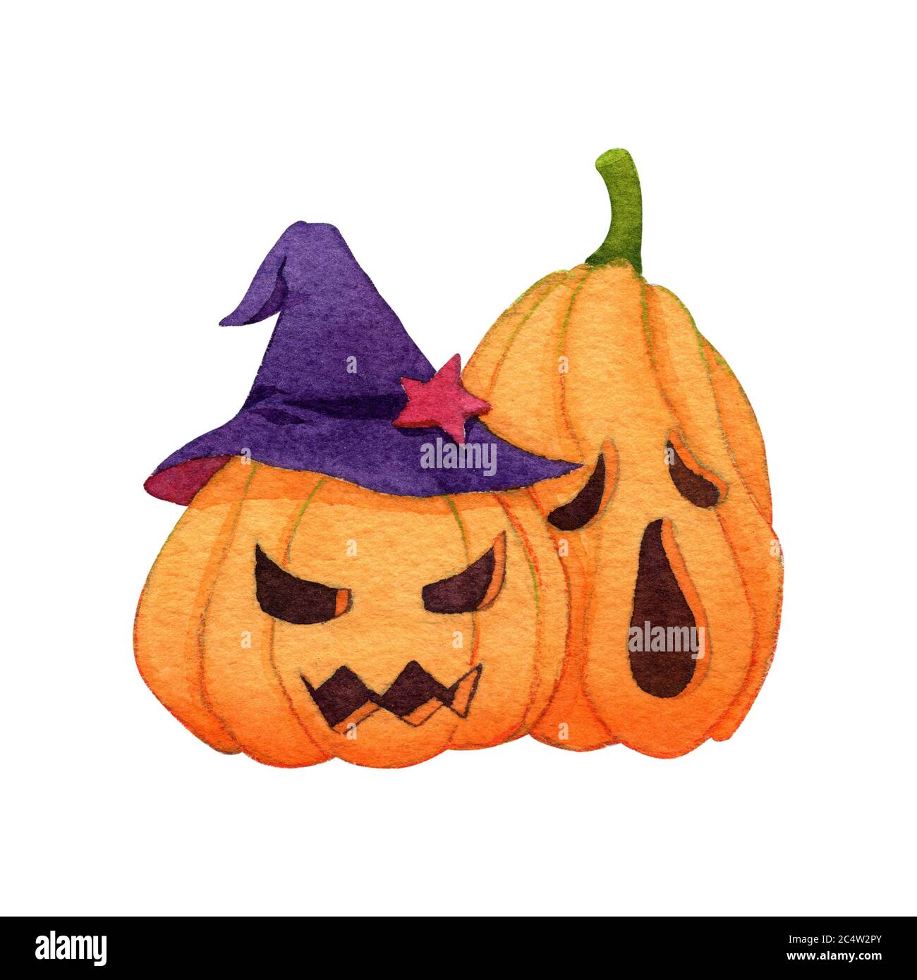 Zucca fantasma con cappello di strega su sfondo bianco. Illustrazione della pittura a mano con acquerello. Design per l'evento halloween. Tracciato di ritaglio. Foto Stock
