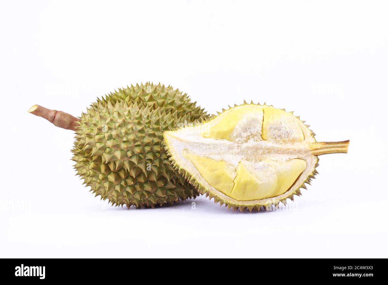 durian mon thong è re di frutta durian su sfondo bianco sano giallo durian frutta cibo isolato da vicino Foto Stock