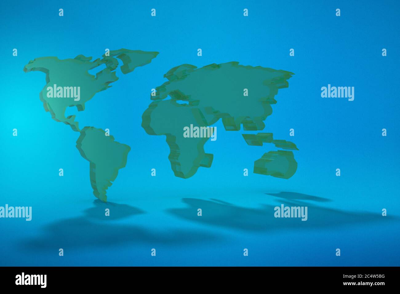 una mappa tridimensionale del mondo su sfondo blu. illustrazione 3d. Foto Stock