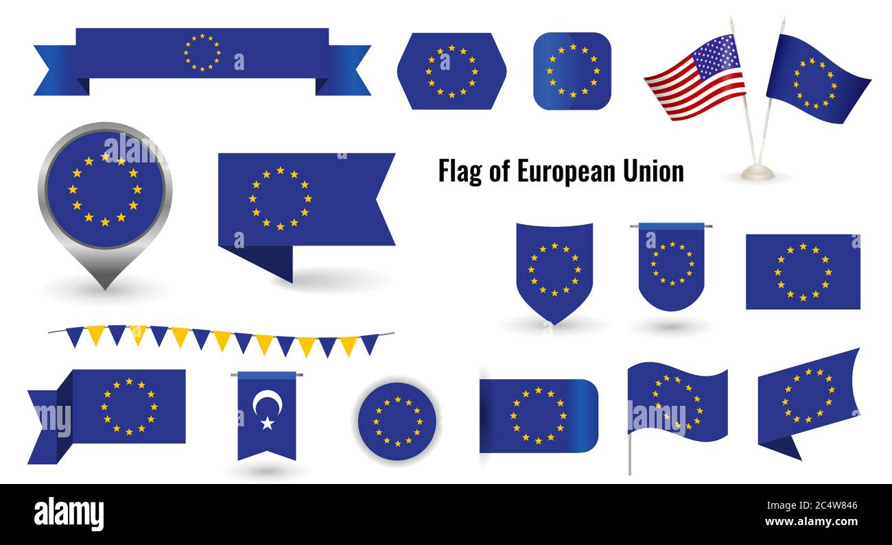 La bandiera dell'Unione europea. Grande set di icone e simboli. Bandiera UE quadrata e rotonda. Raccolta di diverse bandiere di orizzontale e verticale Illustrazione Vettoriale