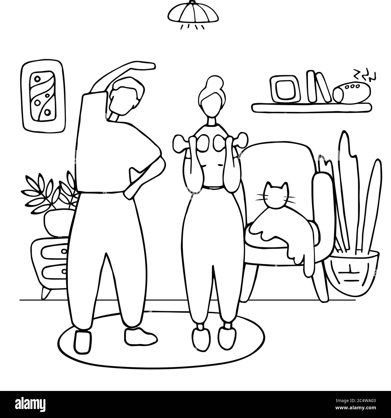 Uomo e donna che lavorano fuori in casa. Formazione per coppie di famiglie a casa. Marito e moglie fanno sport. Illustrazione vettoriale di Doodle Illustrazione Vettoriale