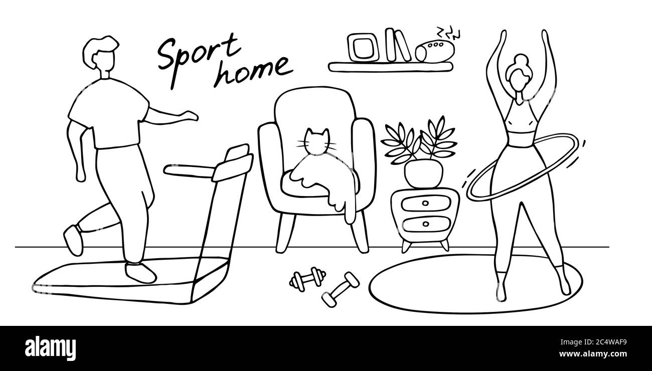 Sport a casa. Eventi sportivi felici per tutta la famiglia. Un ragazzo e una ragazza fanno un allenamento a casa. Esercizi di allenamento fitness, stile di vita sano. Doodle vettoriale Illustrazione Vettoriale