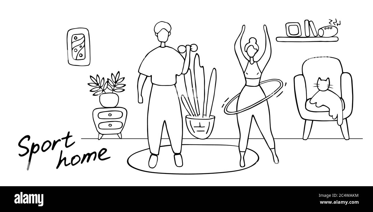 Uomo e donna che lavorano fuori in casa. Formazione per coppie di famiglie a casa. Marito e moglie fanno sport. Illustrazione vettoriale di Doodle Illustrazione Vettoriale