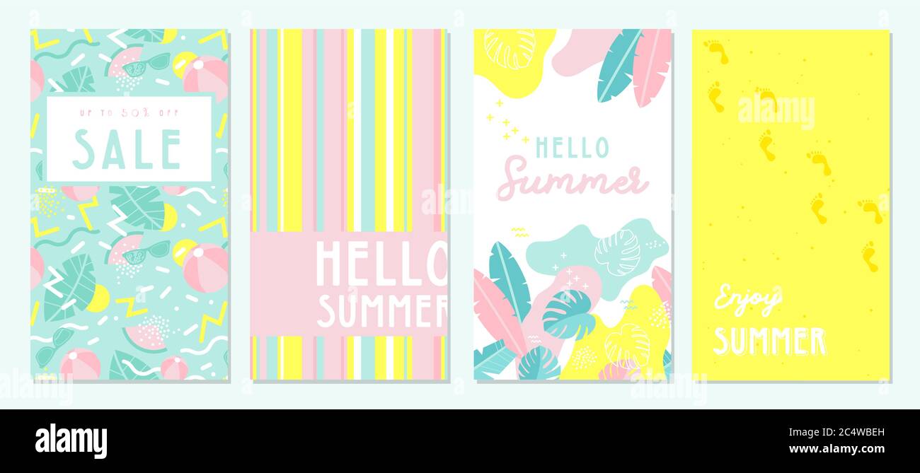 Banner e card design per la stagione estiva. Sfondo geometrico astratto con frutta estiva, foglie tropicali e scena balneare. Vendita estiva e testo estivo Illustrazione Vettoriale