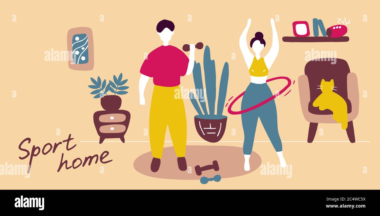 Felice attività sportiva per la famiglia. Moglie e marito che fanno l'esercizio di mattina a casa. Esercizio di fitness uomo e donna. Grafica vettoriale piatta Illustrazione Vettoriale Felice attività sportiva per la famiglia. Moglie e marito che fanno l'esercizio di mattina a casa. Esercizio di fitness uomo e donna. Grafica vettoriale piatta Illustrazione Vettoriale