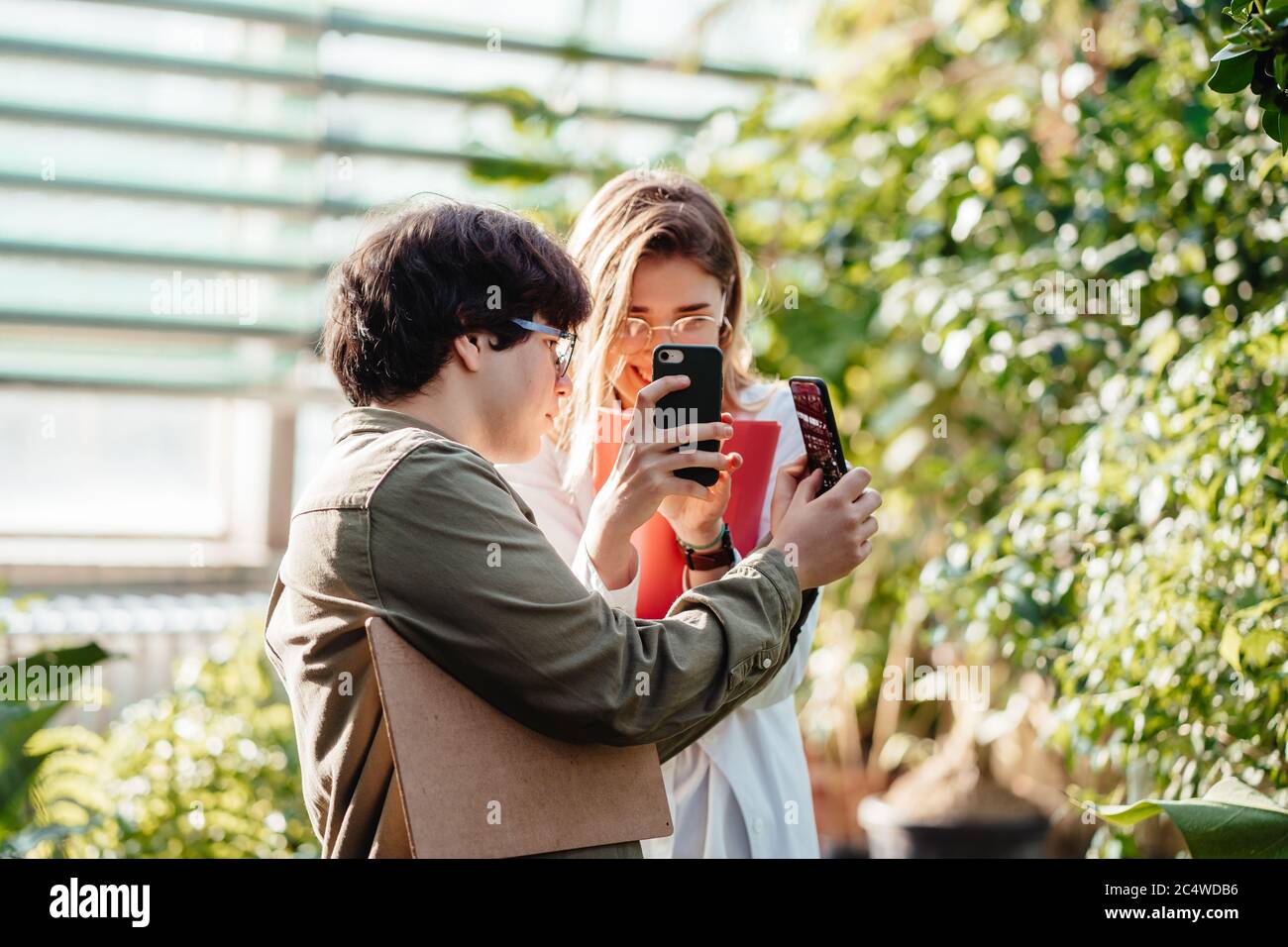 Giovani ingegneri agricoli scattano foto su uno smartphone in serra Foto Stock