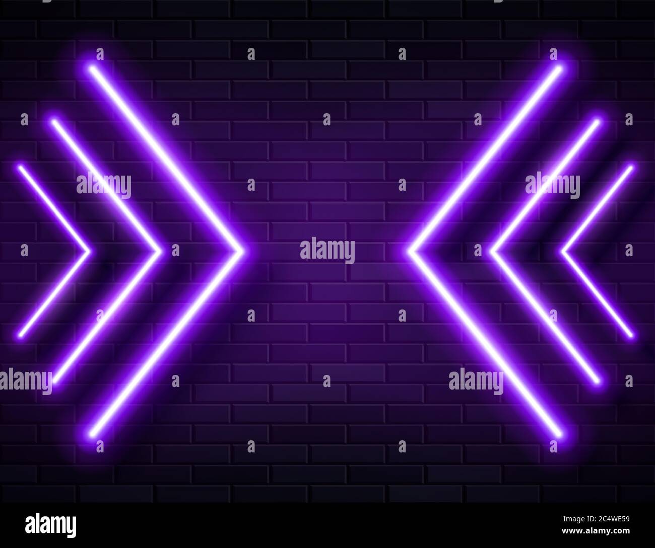 Futuristico Sci Fi Modern Neon Violet frecce incandescenti telaio per Banner su Dark Empty Grunge calcestruzzo Brick sfondo. Illustrazione Vettoriale