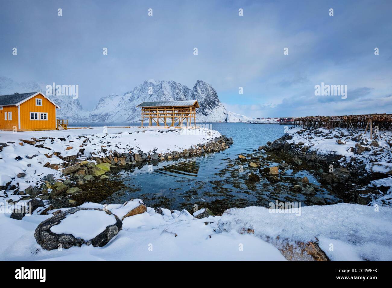 Rorbu house e scaglie di essiccazione per stoccafisso baccalà in inverno. Isole Lofoten in Norvegia Foto Stock