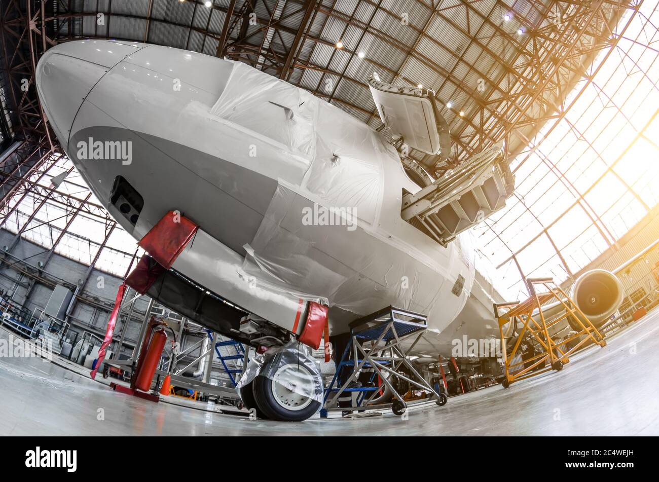 Servizio di aeromobili, vista del carrello di atterraggio anteriore del telaio Foto Stock