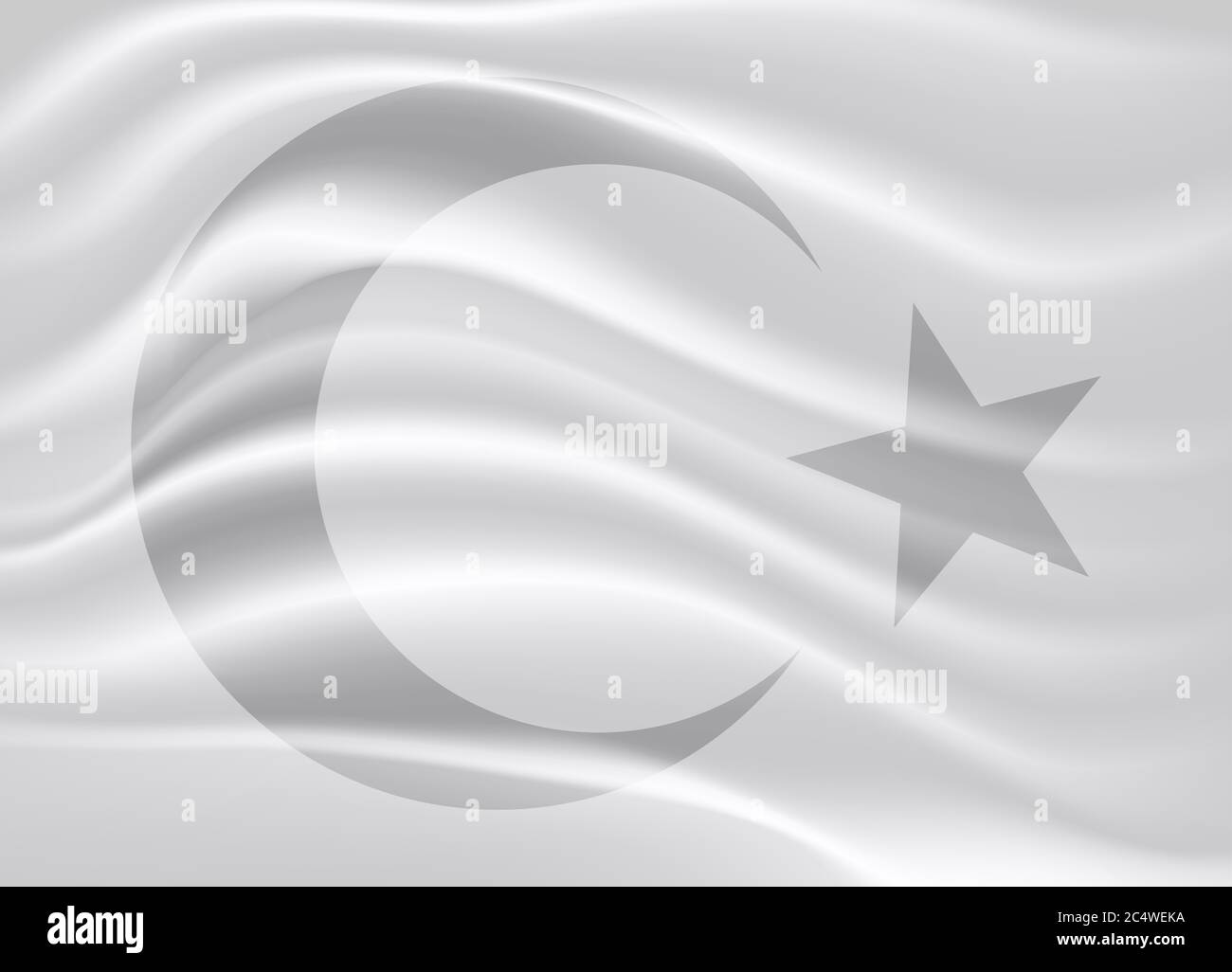 Mezzaluna e stella islamiche monocromatiche su sfondo di seta bianca. Illustrazione vettoriale. Foto Stock