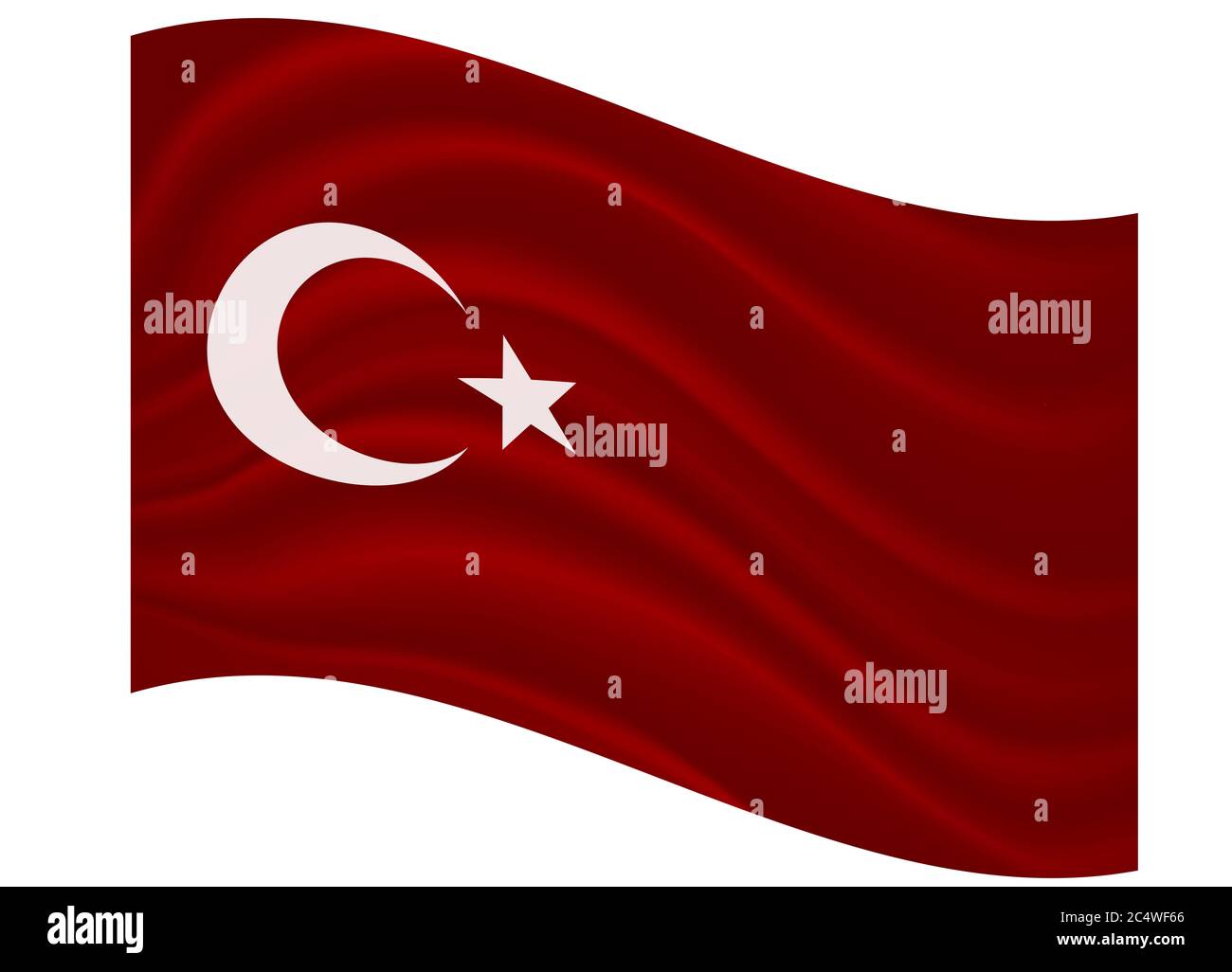 Bandiera di Turchia a mezzaluna bianca e stella su sfondo di colore rosso. Bandiera nazionale ufficiale che sventola con tessuto ricurvo Foto Stock