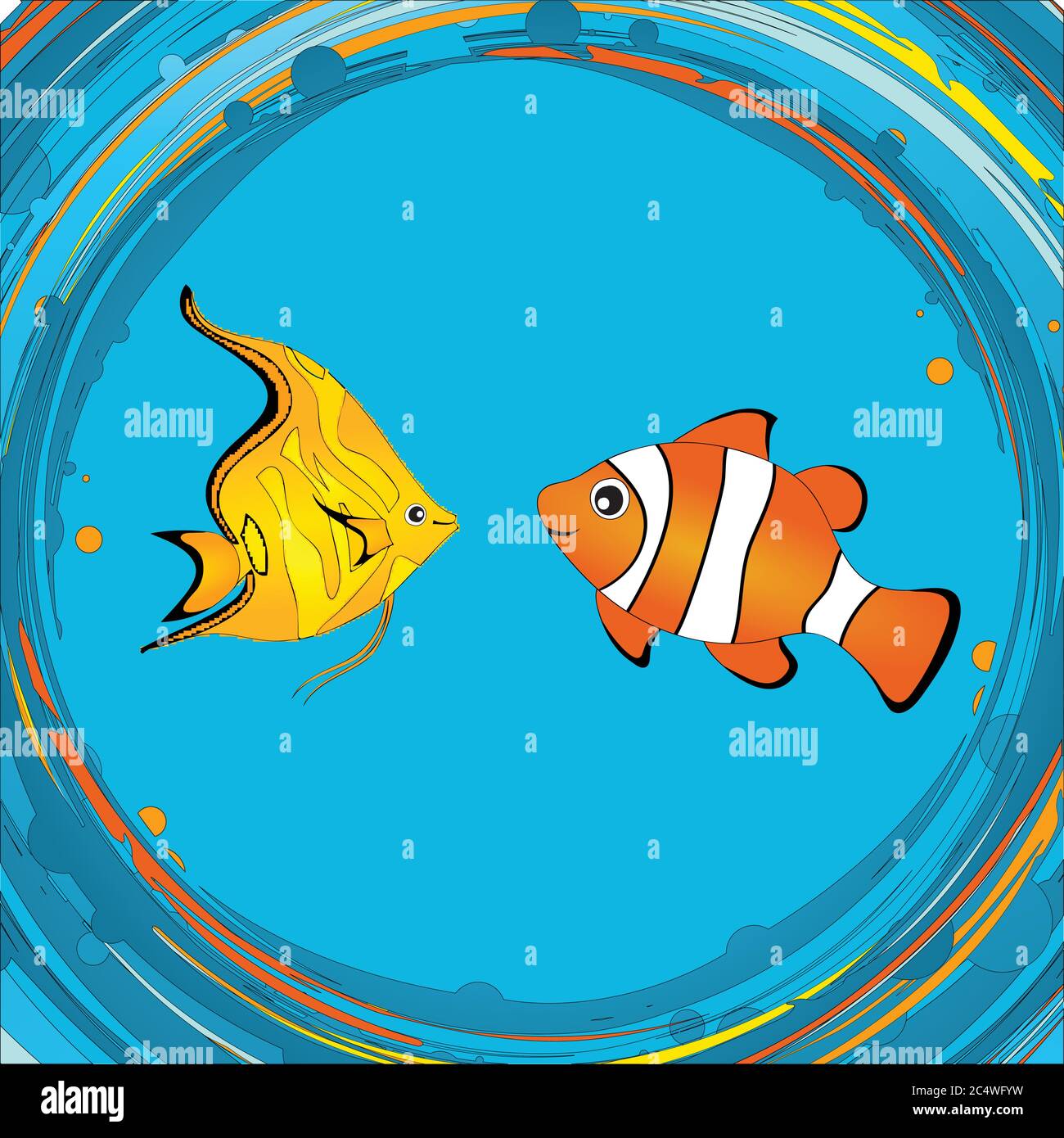 I Cartoons disegnati a mano stile cute colorati pesci tropicali sopra Abstract Vortex filatura acqua e bolle sfondo Illustrazione Vettoriale