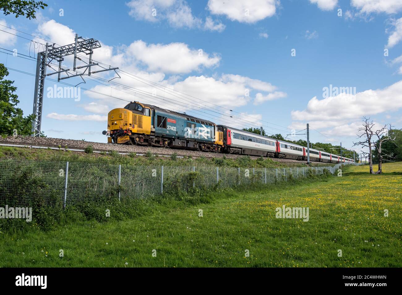 37402 scende lungo la Lickey Incline con 5Z50 Mid Norfolk Railway - Long Marston con 9 ex Anglia MK3 in rimorchio. Foto Stock