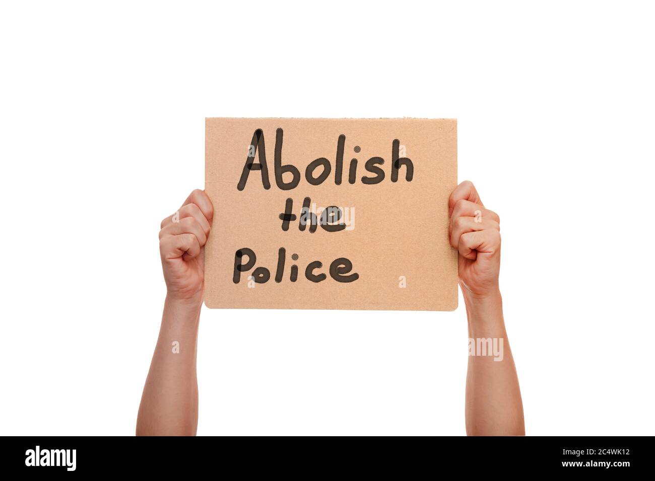 mani di protesta che tengono cartellone con testo del messaggio abolire la polizia isolato su sfondo bianco, concetto sul tema della prostata in minneapo Foto Stock