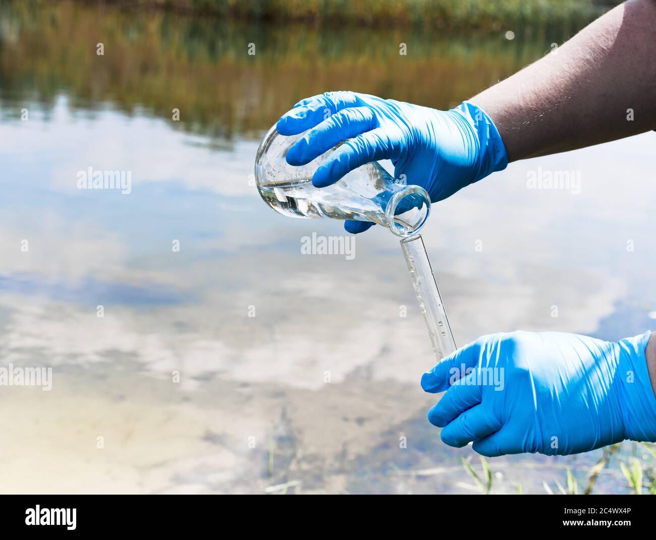 Recinzione, controllare il campione di acqua per verificare la presenza di infezioni. Mano a guanti con un pallone e una provetta sullo sfondo di lago, fiume, mare. Inquinamento di ecologia, envi Foto Stock